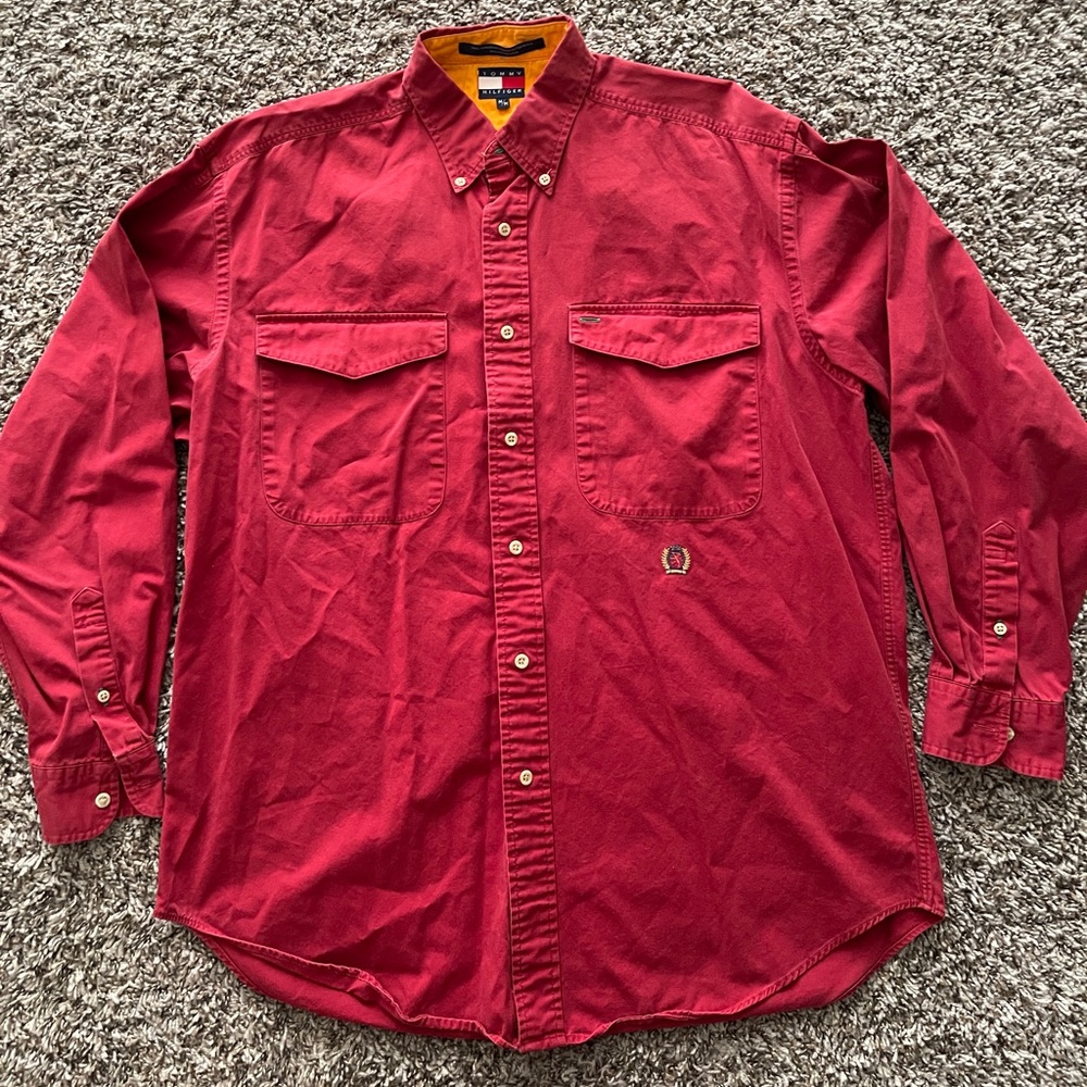 Vintage Tommy Hilfiger Long Sleeve Pockets Mens Size M Denim Solid Red Crest